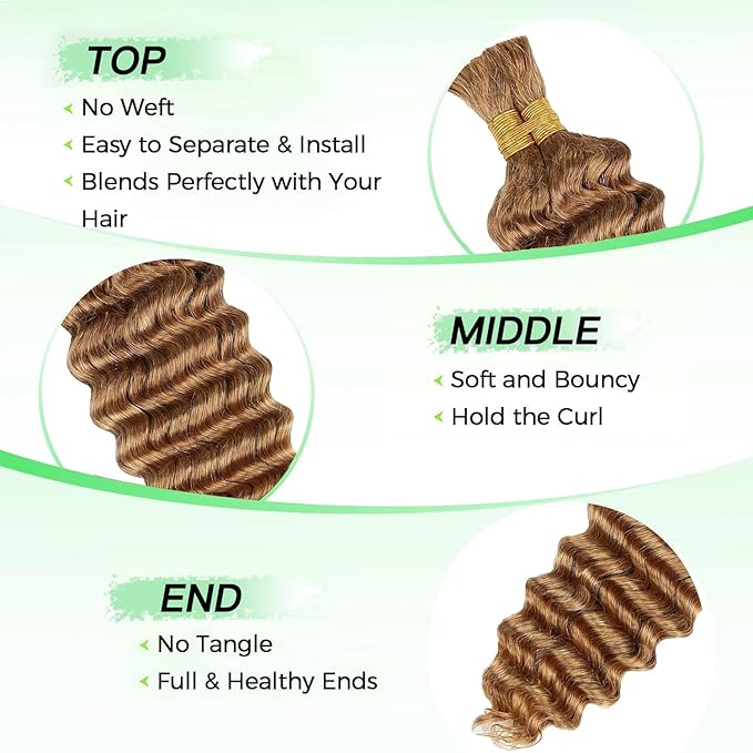 Deep Wave Bulk Human Braiding Hair 100g 18 Inch 2 Bundles Blonde Human Braid Hair for Boho Braids No Weft Color 27 Curly Brazilian Braiding Hair Extensions for Micro Braid
