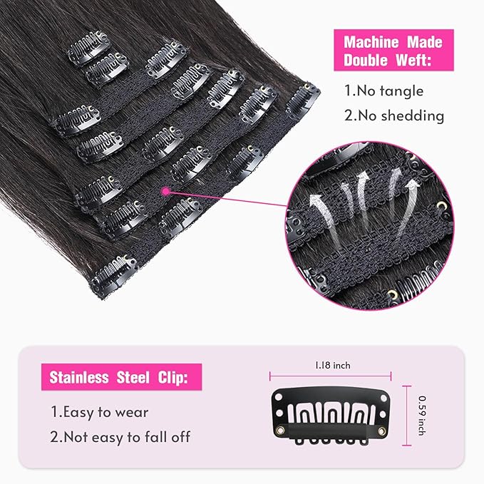 Clip In Extensions Human Hair,Lace Edge Double Weft 70g 7pcs Human Hair Clip In Extensions 18Inch #1B Natural Black Remy Hair