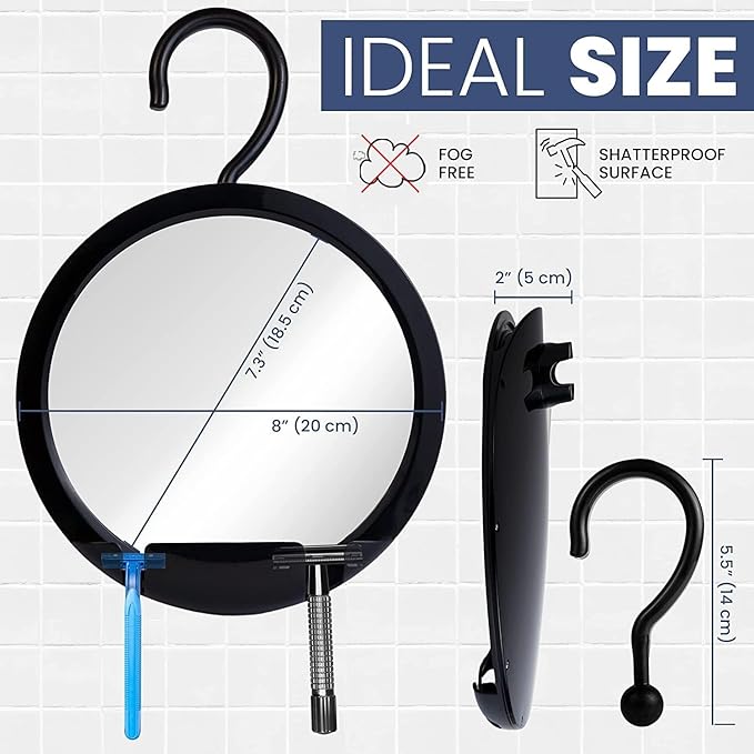 MIRRORVANA Dual Anti Fog Shower Mirror for Shaving with Hook for Hanging and Fogless Shatterproof Surface - Fill Back Chamber/Reservoir with Hot Water for Fog Free Shave (8" Diameter, Black)
