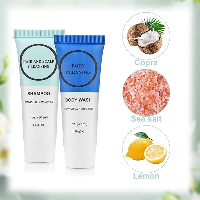 Travel Size Shampoo and Body Wash Bulk, Individually Wrapped Hotel Mini Shower Gel and Small Men Women Cleansing Toiletries Amenities for Hotel/Vacation/Homeless 1 oz (3.7inch, Count, 60)