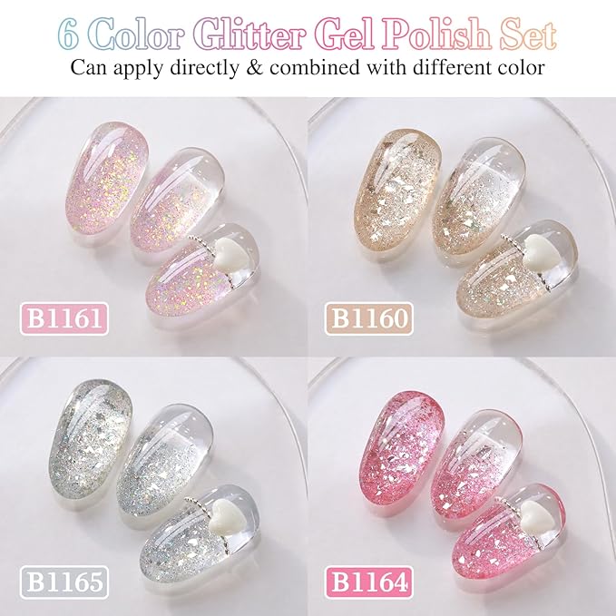 Double Rhythm 0.5 Oz Glitter Gel Polish Set of 6 Color with Display Board 15 ml Full Size Kit Shimmer Reflective Sparkle Soak Off Manicure Salon DIY at Home (Gold Silver Light Pink Rose-T6-35)