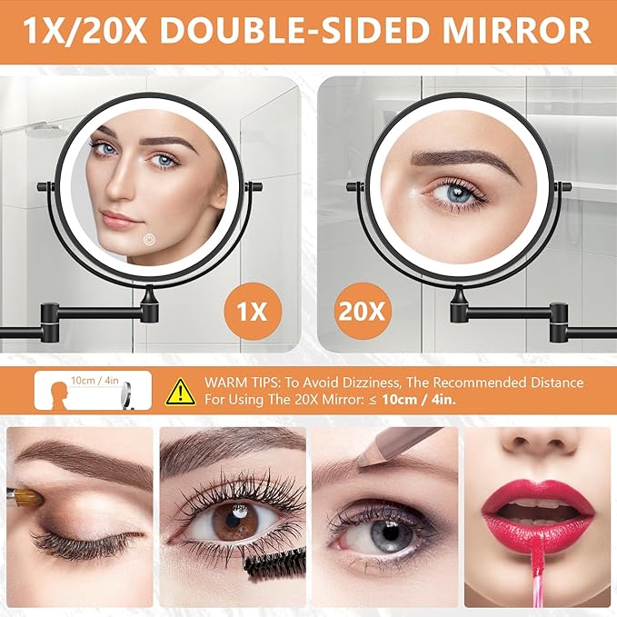 1X/20X Wall Mounted Makeup Mirror with Light, 8" Double-Sided Magnifying Mirror, 3 Color Lights Touch Dimmable Vanity Mirror with 360° Extension Rotation Foldable 14.5 Inch Arm for Bathroom