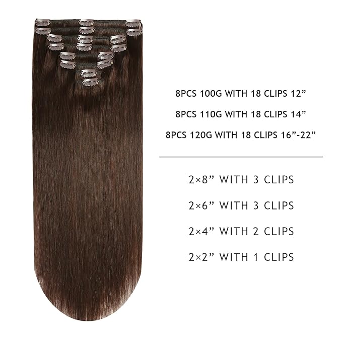 YILITE Hair Extensions Clip in Real Hair 120g 8Pcs Darkest Brown Remy Hair Full Head Straight Double Weft Invisible Clip on Straight Real Hair Extensions Thick (16inches #2 Darkest Brown)