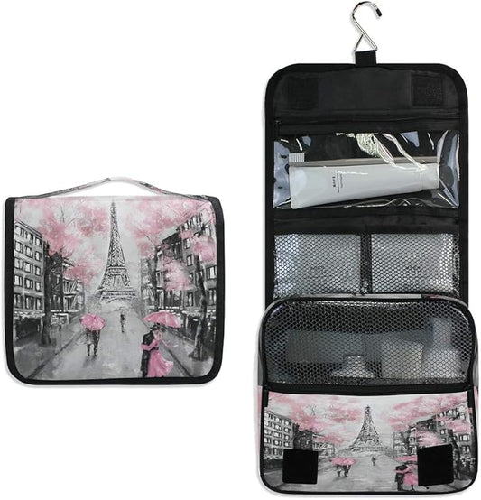 Hanging Toiletry Bag Eiffel Tower Paris Lovers Street Portable Travel Cosmetic Makeup Bag Bathroom Shower Shaving Kit Organizer Bag for Men Women