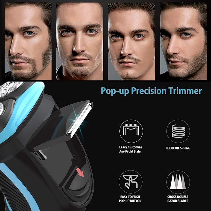MAX-T Electric Shaver for Men, Cordless Electric Razor with Travel Case, Wet & Dry Use Men's Razor with Pop-Up Trimmer, 3D Rechargeable IPX7 Waterproof Rotary Shaver