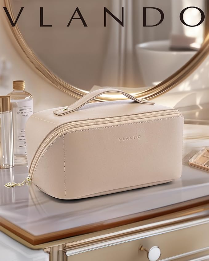 Vlando Makeup Organizer Bag,Mothers Day Gifts,Travel Makeup Bag for Women Waterproof Portable Make up Bag PU Leather Open Flat Cosmetic Bag for Travel Essentials, Gifts for Women(Toffee)