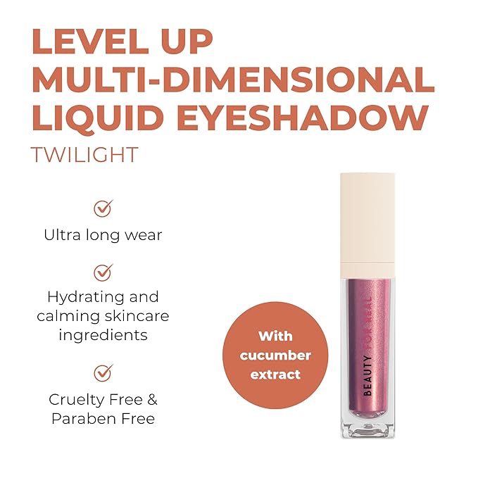 Beauty For Real Level Up Multi-Dimensional Liquid Eyeshadow, Twilight - Soft Burgundy with a Sprinkle of Pink Shimmer - Creaseless, Long-Wear Formula - Cruelty Free & Paraben Free - 0.135 fl oz