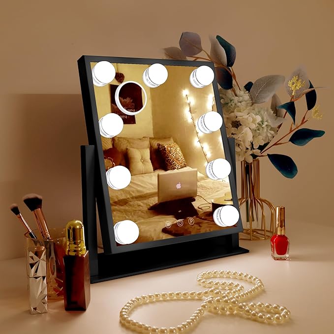 10" x 12" Vanity Mirror with Lights, 360°Rotation Tabletop Makeup Mirror with 9 LED Lights Bulbs, Portable Travel Mirror with 3 Color Lighting Modes, Mirror with Lights for Bedroom, Black