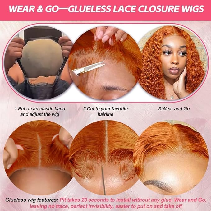 Azkiu Bye Bye KnotsGlueless Ginger Orange Wigs Human Hair Pre Plucked Pre Cut 13x4 HD Lace Closure Wigs Human Hair Deep Wave Lace Front Wigs Human Hair16inch