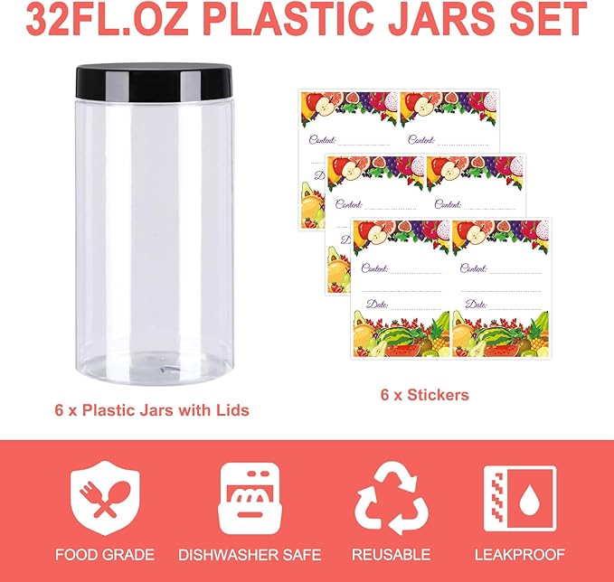 Plastic Jars with Lids 32 oz 6Pack,Empty Clear Plastic Jars with Lids for Storage, Round Leakproof Containers for Nuts,Cookies,Dried Fruit,Small Snacks(32fl.oz,set of 6)