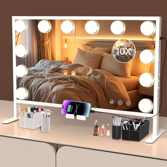 BESTOPE PRO Vanity Mirror with Lights, 23.6'' x 22.4'' Height Adjustable Makeup Hollywood Mirror with 3 Color Modes, 10X Magnification and 2 Storage Boxes, USB Charging Port, Phone Holder, Women Gifts