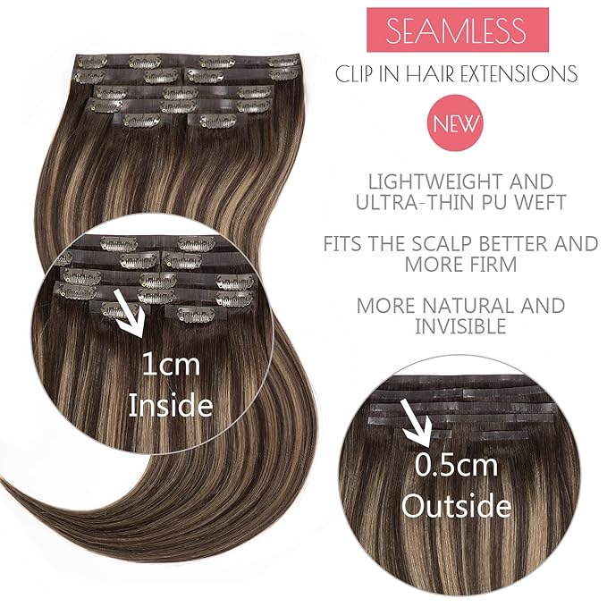 Loxxy Ultra Seamless Hair Extensions Clip in Human Hair,Brown Hair Extensions Real Human Hair,Clip in Extensions Rooted Dark Brown to Chestnut Brown Natural Hair Extensions 7PCS 110G 16inch #R2-2/6