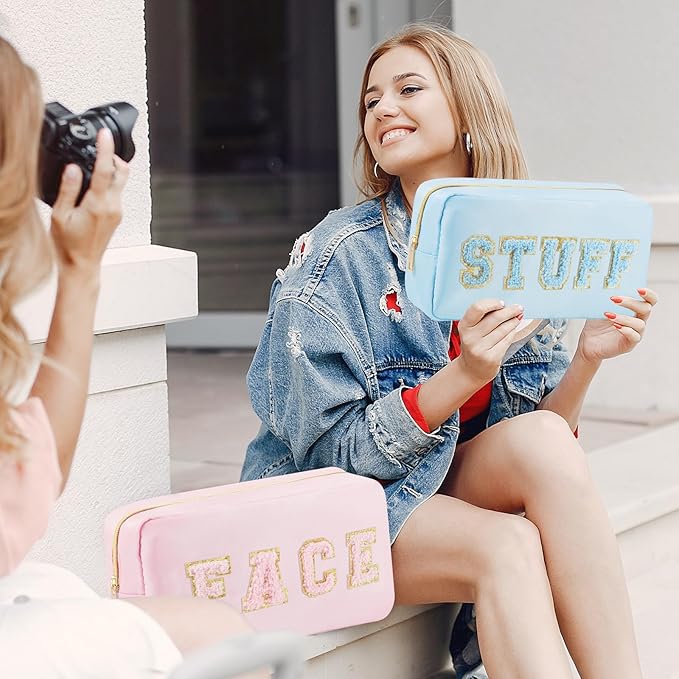 4 Pcs Travel Toiletry Bags for Women Preppy Makeup Bags Organizer Face Skin Hair Stuff Chenille Letter Pouch with Zipper Aesthetic Waterproof Skin care Hair Bag for Women Gifts