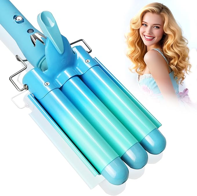 3 Barrel Curling Iron Hair Crimper: Aleath Dual Voltage Adjustable Temperature Three Barrels Hair Waver - Ceramic 1 inch Curler Wand（Blue）
