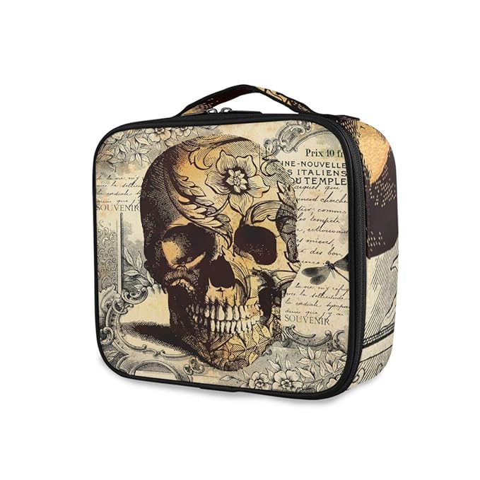 ALAZA Travel Makeup Case, Retro Skull Flower Letter Cosmetic toiletry Travel bag for Women Girls