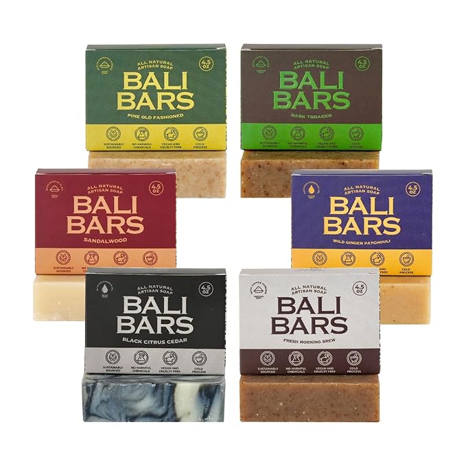 Mens Natural Soap Bar - Bali Bars Men All Natural Cold Process Castile Bath Body Soap Bar For Men with Premium Essential Oils Vegan Handmade (6pcs of 4.5oz Each) Gift Set