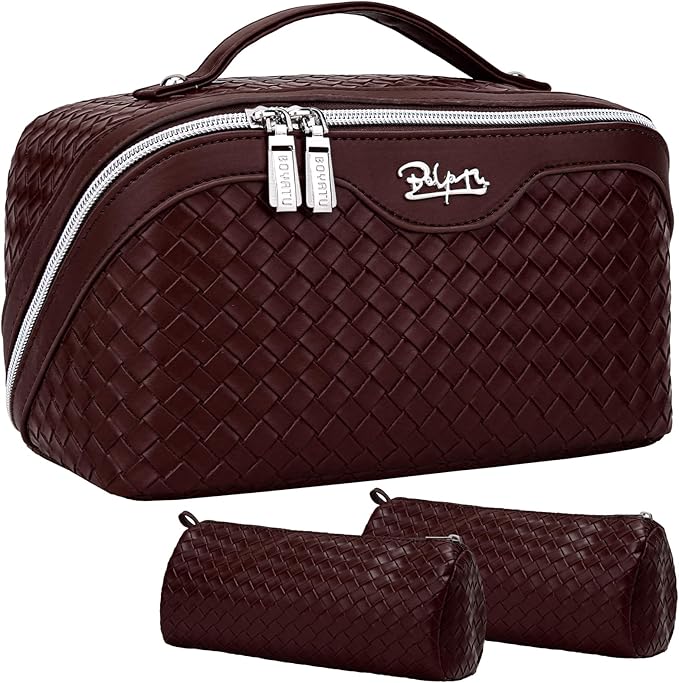 BOYATU Travel Makeup Bags for Women: Large Cosmetic Bag with Compartments - Vegan Leather Make up Bag Set of 3 - Compact Toiletry Organizer for Traveling (L14 Wine red)