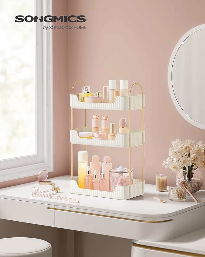SONGMICS Makeup Organizer, 3-Tier Skincare Organizer Countertop, Customizable, 2 Types of Accessories, Jewelry Holder, for Vanity, Bedroom, Bathroom, Cloud White UJKA013W02