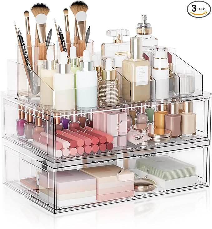 3 Tier Clear Stackable Makeup Organizer with Drawer, 12''W Acrylic Storage Drawers, Cosmetic Display Case for Vanity Bathroom Countertop, Beauty Holder for Lipstick Brush Skincare Perfume