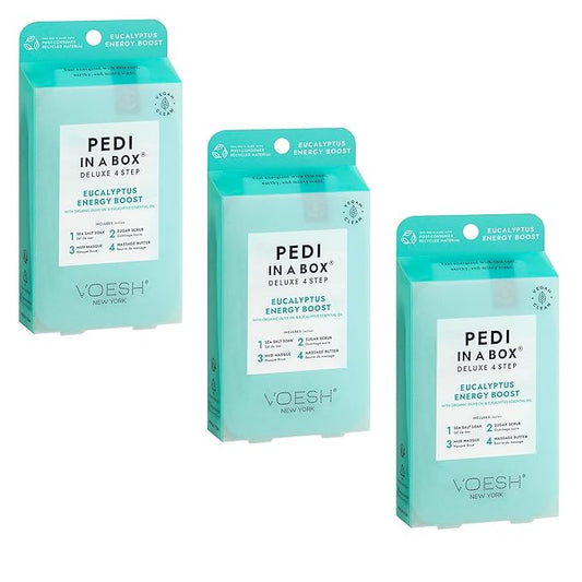 VOESH Pedi in a Box 4 Step Eucalyptus Energy Boost - 3 Pack, Pedicure Set, At-Home Pedicure, Spa Pedicure, Foot Soak, Foot Scrub, Pedicure Foot Spa