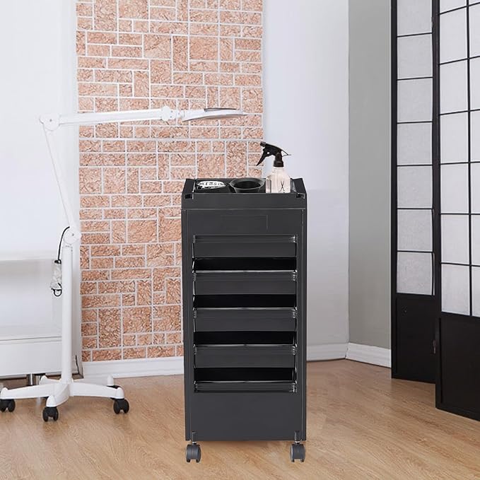 VEVOR Beauty Salon Trolley Cart, Plastic Salon Rolling Cart for Stylist with 5 Removable Drawers & Dryer Holder, Rolling Hairdressing Cart with 4 Wheels (2 Lockable) for Beauty SPA Barbershop
