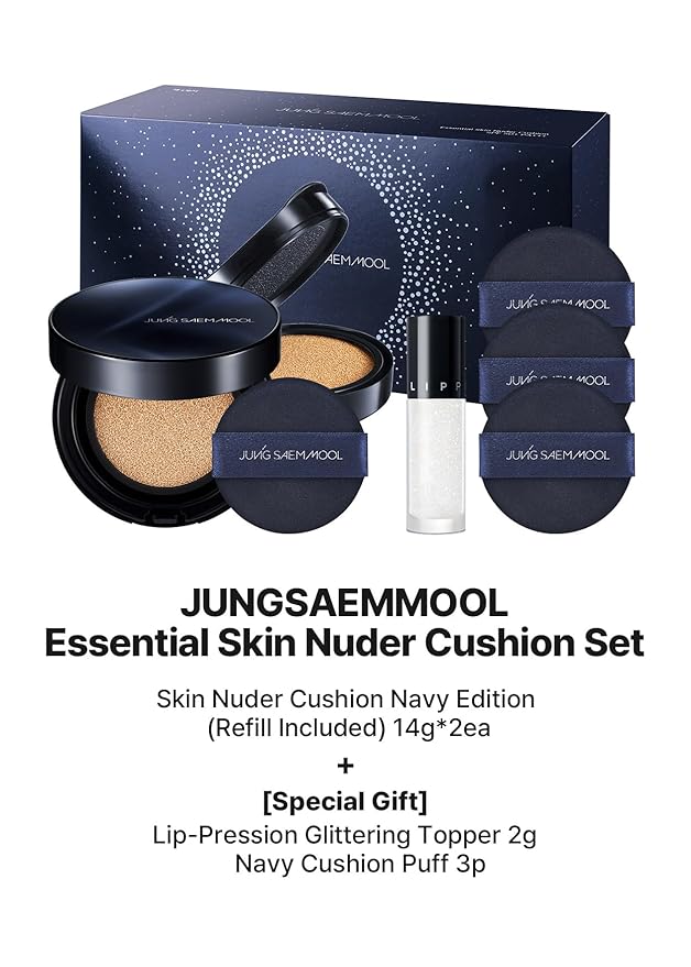 JUNGSAEMMOOL OFFICIAL Essential Skin Nuder Cushion Special Set (Medium) | Navy Edition (Refill included) + Lip-Pression Glittering Topper (2g) + Navy Cushion Puffs (3pcs)