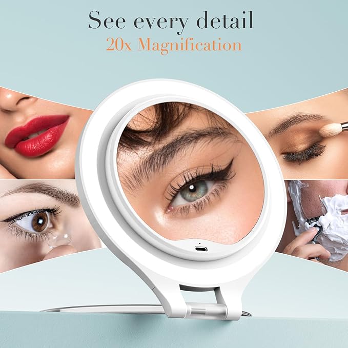 Magnifying Mirror with Light 20X/1X, Double Sided travel mirror with light, Rechargeable makeup mirror with 3 color setting Adjustable stand Lighted mirror Vanity Portable Desk Cosmetic Mirror