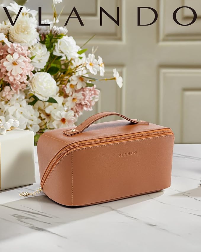 Vlando Travel Makeup Bag,Teacher Appreciation Gifts,Brown Leather Make up Bagr for Women,Makeup Brushes Bag with Divider and Handle,Gifts for Mom Women Traveler