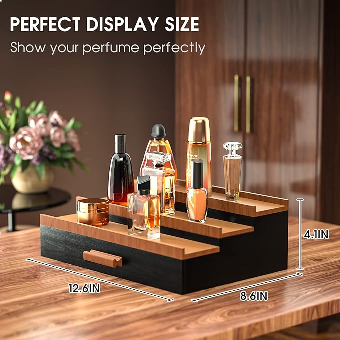 Sephyroth Cologne Organizer for Men 3 Tier of Cologne Display with Drawer Storage Perfume Oragnizer Display,Great Gift for Man(Black Walnut)