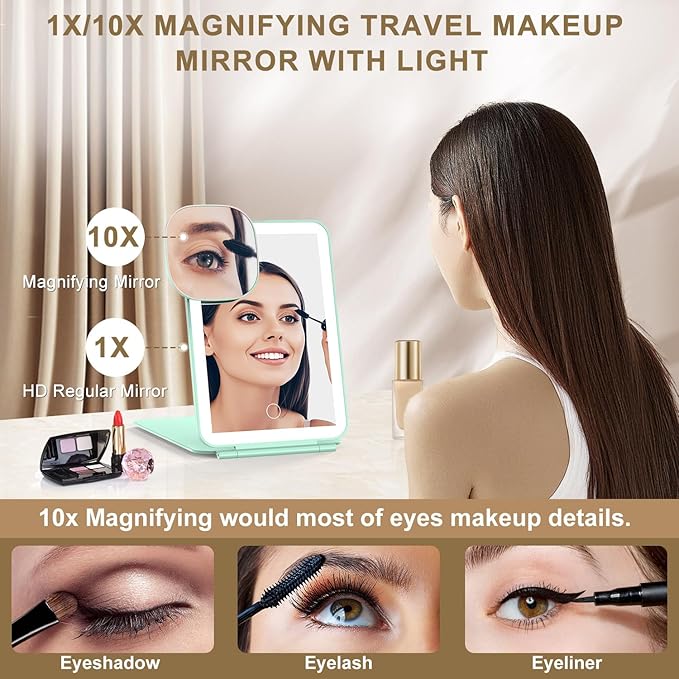 LED Foldable Travel Makeup Mirror - 5x7 inches3 Colors Light Modes USB Rechargeable Touch Screen, Portable Tabletop Cosmetic Mirror for Travel, Cosmetic, Office (Green)