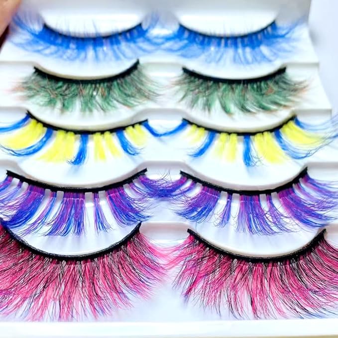 Sunniess Ombre Colored Lashes Silk Protein Fluffy Wispy Volume Fake Lashes for Halloweens Cosplay Party Stage Russian D Curl Lashes with Color Make up Faux Mink False Eyelashes 5 Pairs (5ce-02)