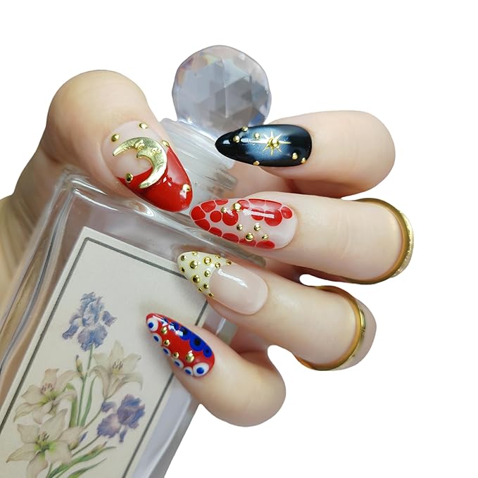 Almond Press on Nails Handmade Medium Long/Stiletto 3D Flower Fake Nail with Designs, Women Reusable False Nails (Moon Red, S)