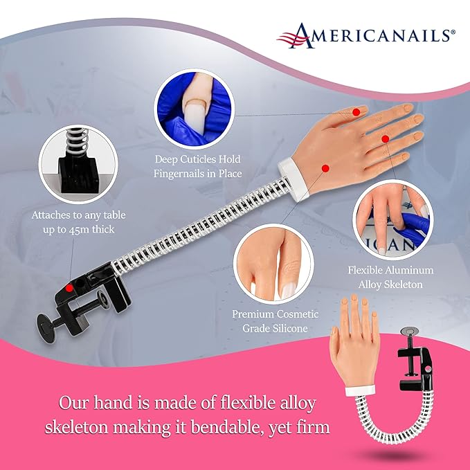 Americanails RealisTech Ultra Lifelike Silicone Practice Hand with FlexiArm for Acrylic Nails – Nail Tech Training Tool, Flexible Practice Hand, Mannequin Hand with Insertable Nails, Practice Nail Art