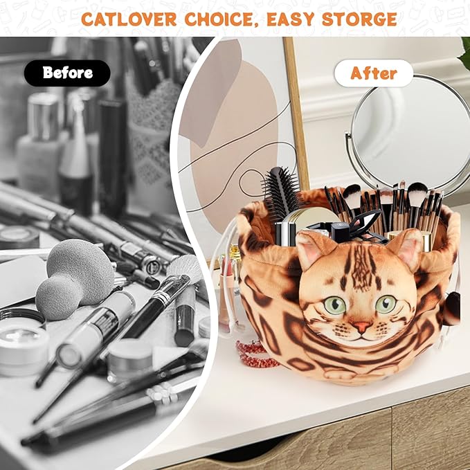 Openhaha Drawstring Travel Organizer, Cosmetic Pouch - Cat Gift, Lay Flat Makeup Bag Gifts for Cat Lovers