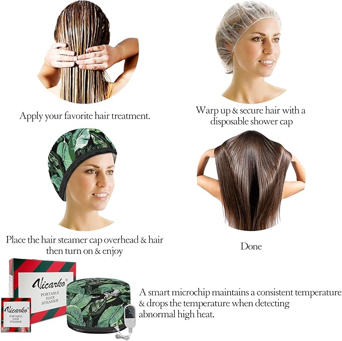 VICARKO Hair Steamer for Deep Conditioning, 10-Level Heats Up Quickly, 118” Power Cord, Heating Cap Hot Oil Treatment Heat, Electric Thermal Heated Steam for Natural Black Hair, Leaf Print