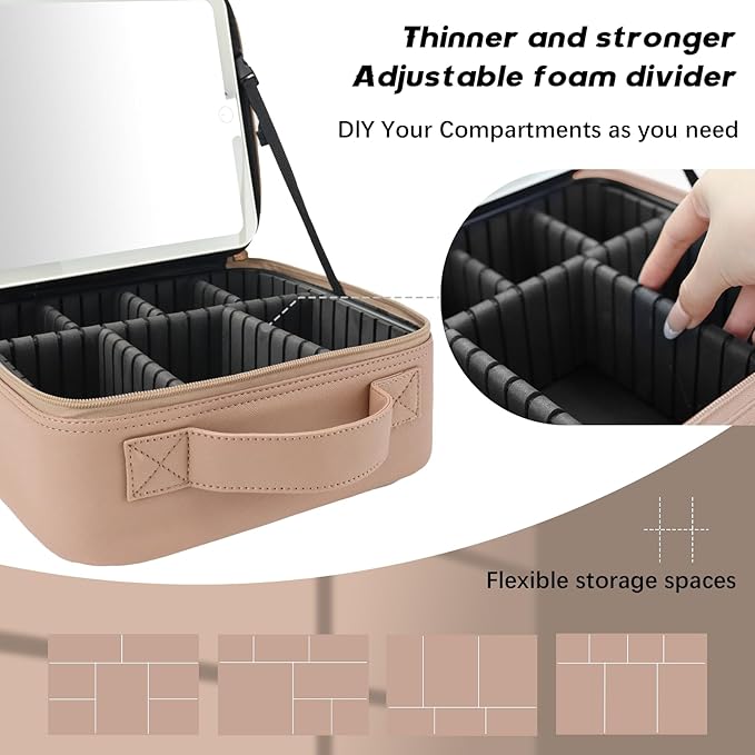 Travel Makeup Bag with LED Lighted Mirror,Cosmetics Organizer, Makeup Bag with 3 Color Lighted Setting, Portable Storage and Adjustable Dividers Travel Makeup Bag(Mocha)