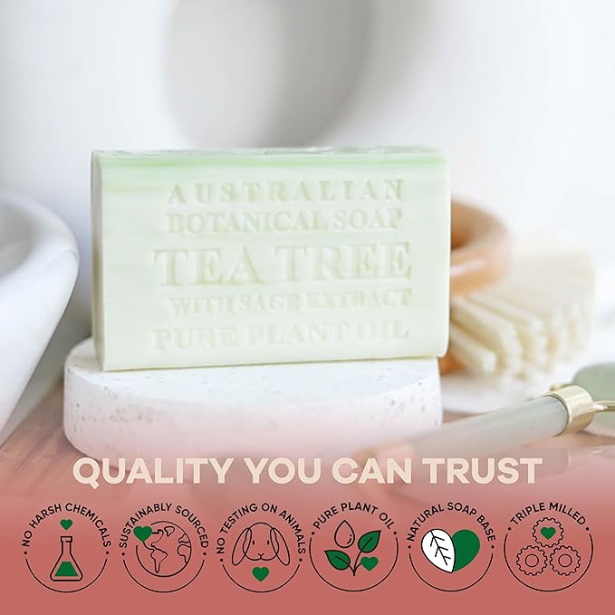 Australian Botanical Soap Tea Tree with Sage Extract 6.6 oz Luxury Soap Bars Enriched with Shea Butter, Suitable for Men, Women and All Skin Types, Pack of 4
