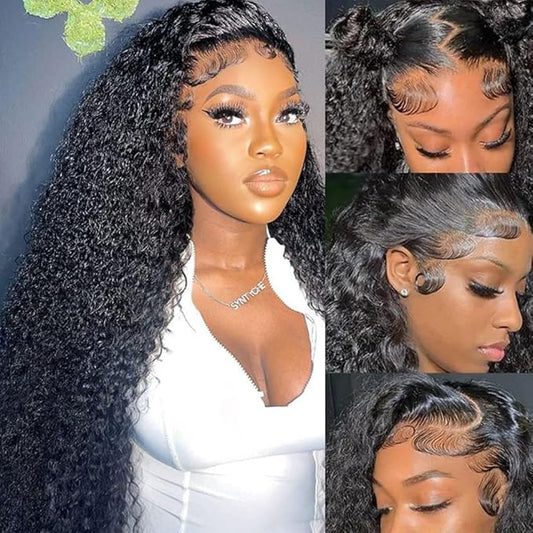 Aomllute 28 Inch Deep Wave Lace Front Wigs Human Hair 200 Density 13x4 HD Lace Frontal Wigs Human Hair Pre Plucked Deep Curly Glueless Wigs Human Hair for Women Natural Black