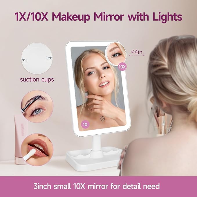 FUNTOUCH 2000mAh Rechargeable Light up Makeup Mirror with Lights,Make up Mirror with 3 Color Lights and 3.5" Detachable 10X Magnification,360°Rotation Led Makeup Mirror with Storage for Desk