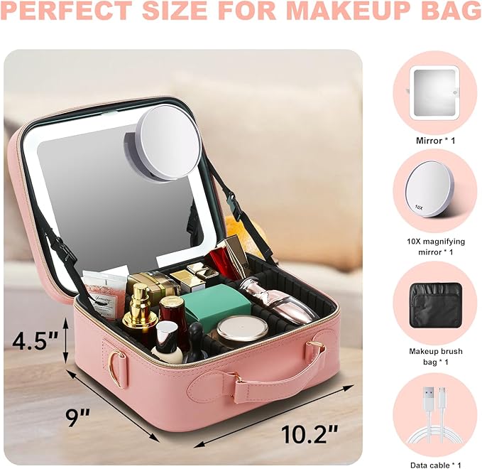 Mocado Travel Makeup Bag with LED Lighted Mirror, Travel Makeup Organizer, Makeup Case with 3 Color Lighted Setting and 10x Magnifying Mirror, Portable Storage and Adjustable Dividers Makeup Box(Pink)