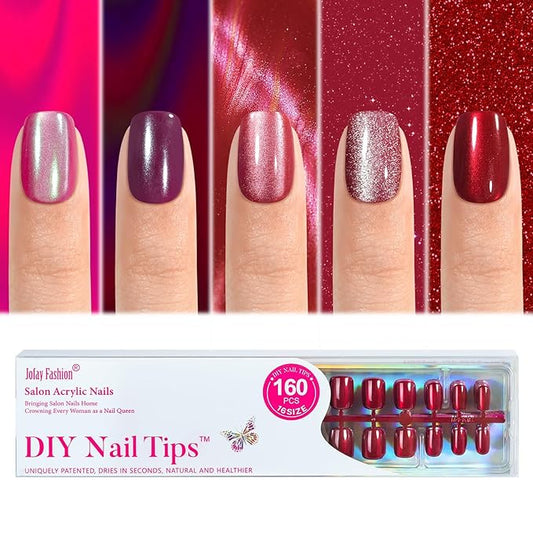 Cat Eye Press on Nails Red - 5 Styles Red Press on Nails Short Square, Soft Gel x Coat Nails False Nails, Bt Art Box Press On Nails in 16 Sizes -160 PCS Soft Gel Fake Nails Kit