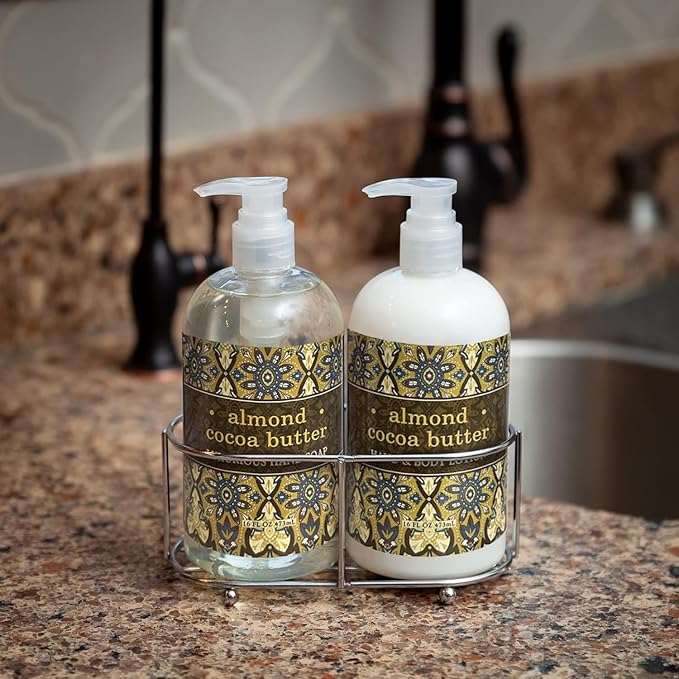 Three Piece Set: Hand & Body Lotion and Hand Soap Duo Set Enriched With Shea Butter 16 oz ea. in a Chrome Caddy Collection (Almond Cocoa Butter)