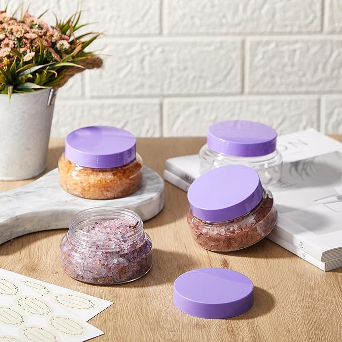 Tessco 24 Pack Plastic Jars with Lids Labels Empty Clear Plastic Jars Round Refillable Cosmetic Containers Body Butter Containers Bulk Sugar Scrub Bottle for Make Up(5 oz,Clear, Purple)