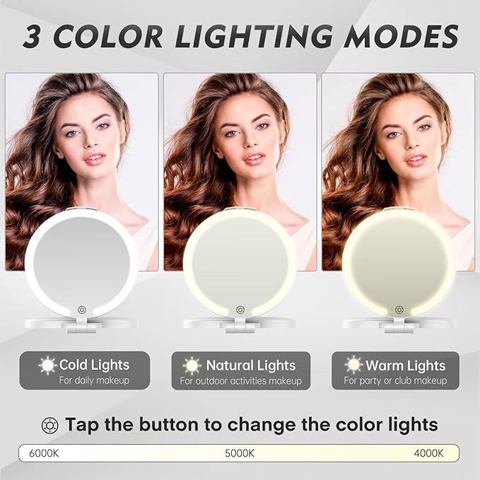 FUNTOUC Magnifying Mirror with Light, 1X/10X Double Sided Magnification Makeup Vanity Mirror with 3 Color Setting, Chargeable Foldable Portable Travel Essential Vanity Mirror with Bag