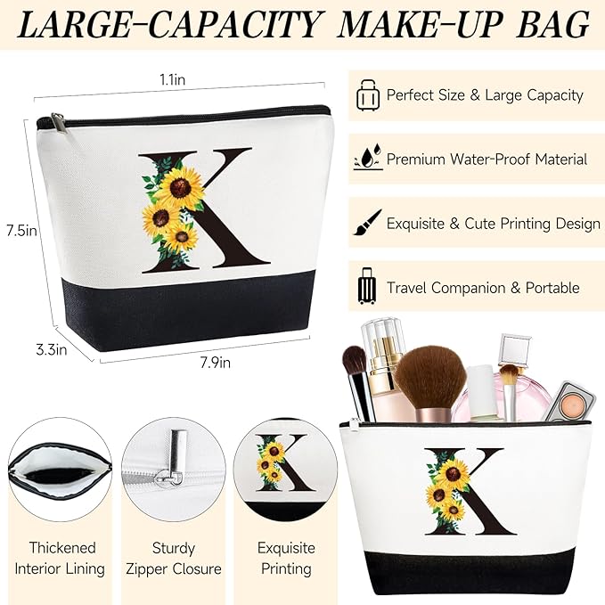 Personalized Gifts for Women, Monogrammed Gifts for Women, Initial Monogram Gifts Sunflower Birthday Gifts for Women Mom Sister Best Friends - Monogrammed Canvas Tote Bag & Makeup Bag & Glass Cup K