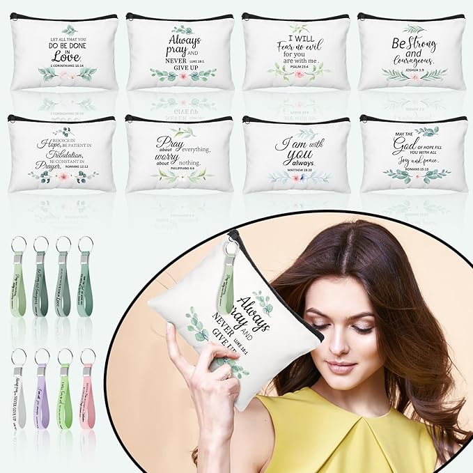 Panelee 48 Pcs Inspirational Gifts Makeup Cosmetic Bag Bulk with Zipper Keychain bibles Employee Appreciation Makeup Bags Motivational Gift for Graduation Women Teacher Coworker Gift(Bible Style)