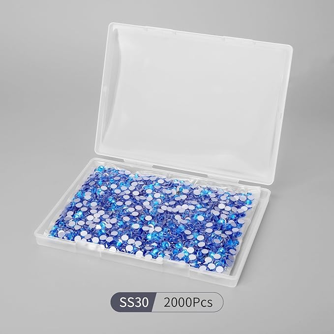 2000PCS Capri Blue Rhinestones Bulk, Flat Back Crystal Glass Stone Round Gems,SS30, 6.4-6.6mm