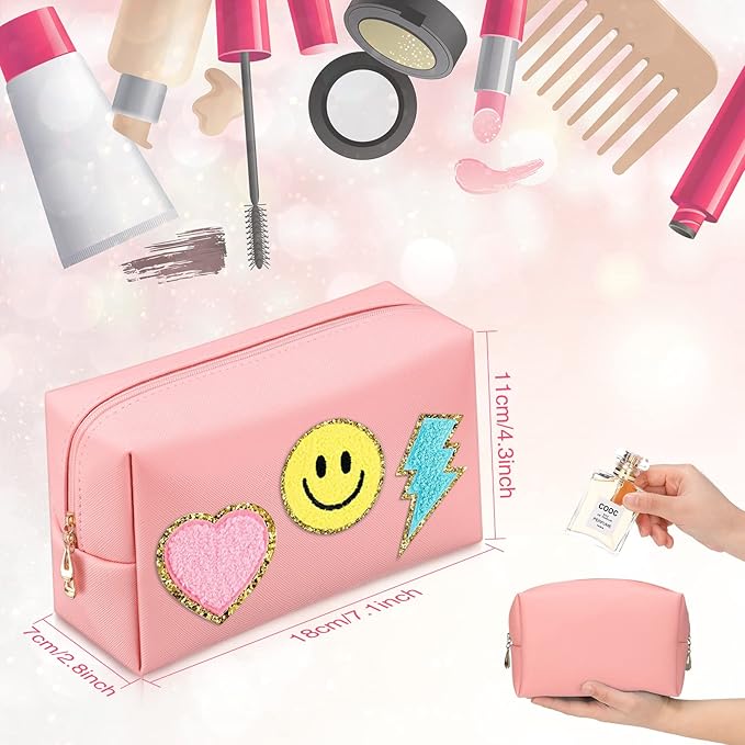 Sanwuta 9 Pcs Preppy Makeup Bag PU Leather Cosmetic Bag Makeup Pouch Plain Waterproof Toiletry Organizers for Traveling Preppy Travel Purse End of the Year Teacher Gifts Bulk(Pink, Blue, Purple)