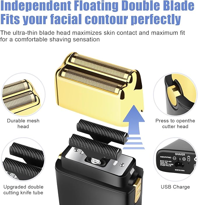 Foil Shaver for Men Barber, Double Electric Foil Trimmer, Professional Electric Razor, Close Shaver, Cordless Rechargeable with USB, Black Gold