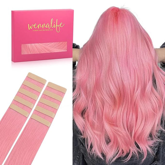 Wennalife Tape in Hair Extensions Human Hair Peach Pink Tape in Extensions, 10pcs 30g 20 inch Remy Invisible Tape Ins Straight Colored Soft Real Human Hair Tape in Extensions Refill Set Extensions